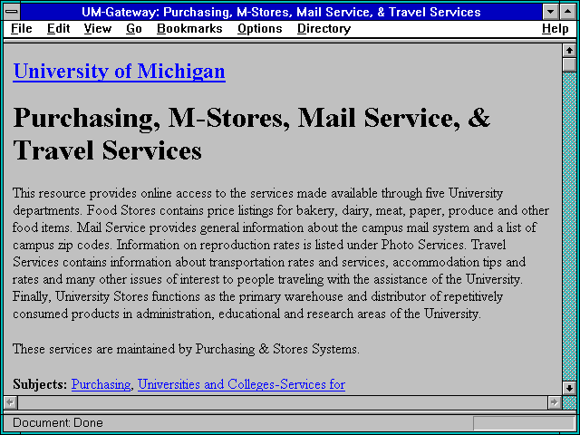 Screenshot of UM-Gateway: Purchasing M-Stores Mail Service & Travel Services