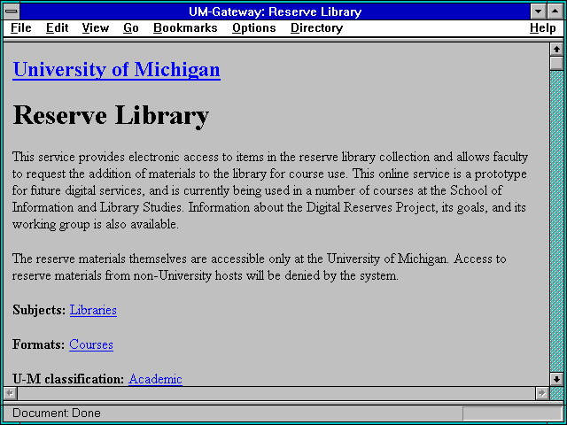 Screenshot of UM-Gateway: Reserve Library