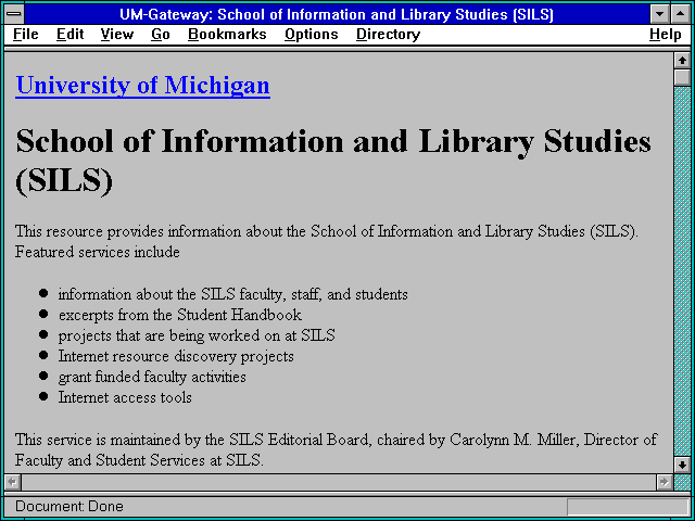 Screenshot of UM-Gateway: School of Information and Library Studies (SILS)