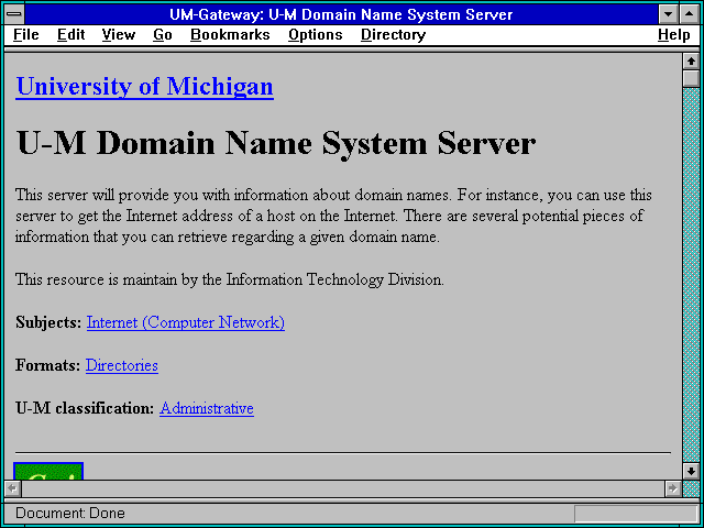 Screenshot of UM-Gateway: U-M Domain Name System Server