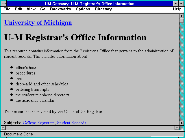 Screenshot of UM-Gateway: U-M Registrar's Office Information