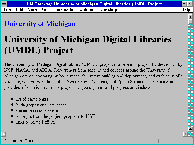 Screenshot of UM-Gateway: University of Michigan Digital Libraries (UMDL)Project