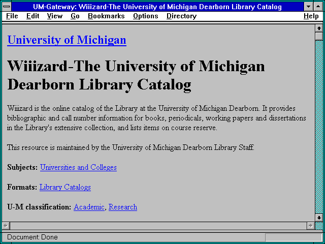 Screenshot of Gateway: Wiiizard-The University of Michigan Dearborn Library Catalog