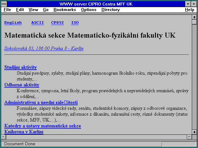 Screenshot of WWW server CIPRO Centra MFF UK