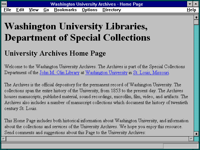 Screenshot of Washington University Archives - Home Page