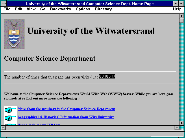 Screenshot of University of the Witwatersrand Computer Science Dept. Home Page