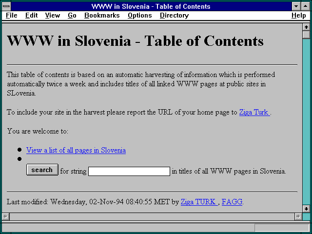 Screenshot of WWW in Slovenia - Table of Contents