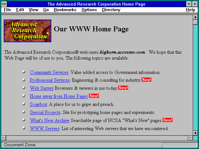 Screenshot of The Advanced Research Corporation Home Page