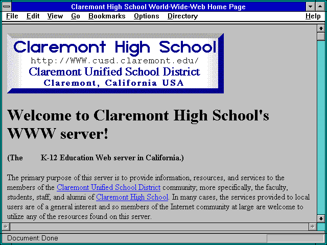 Screenshot of Claremont High School World-Wide-Web Home Page