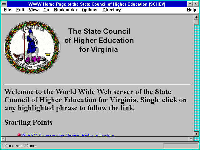 Screenshot of WWW Home Page of the State Council of Higher Education (SCHEV)