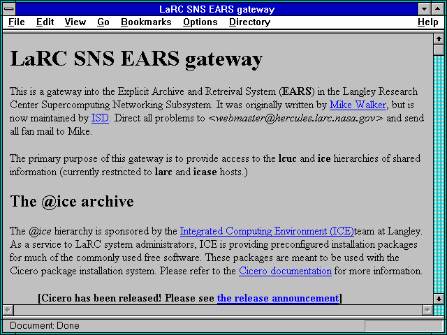 Screenshot of LaRC SNS EARS gateway