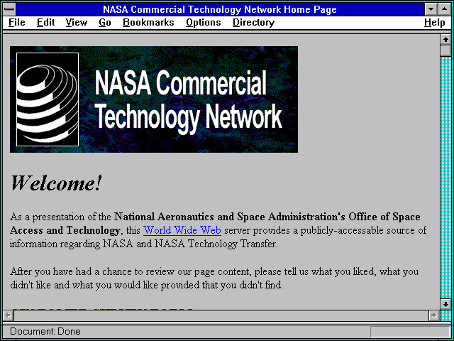 Screenshot of NASA Commercial Technology Network Home Page