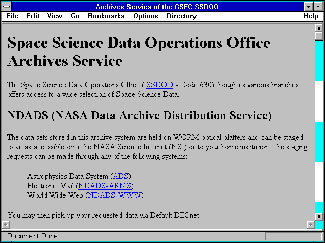 Screenshot of Archives Servies of the GSFC SSDOO