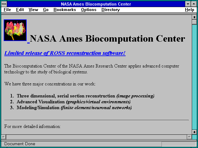 Screenshot of NASA Ames Biocomputation Center
