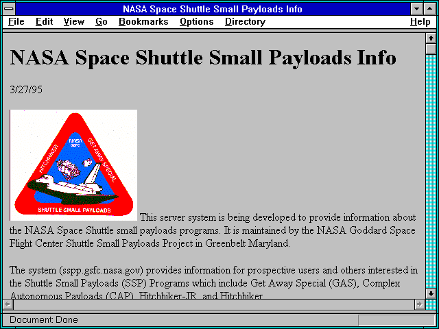 Screenshot of NASA Space Shuttle Small Payloads Info