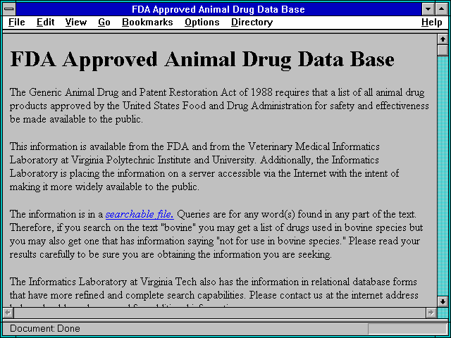 Screenshot of FDA Approved Animal Drug Data Base