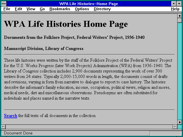 Screenshot of WPA Life Histories--Home Page