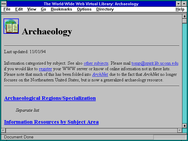 Screenshot of The World-Wide Web Virtual Library: Archaeology