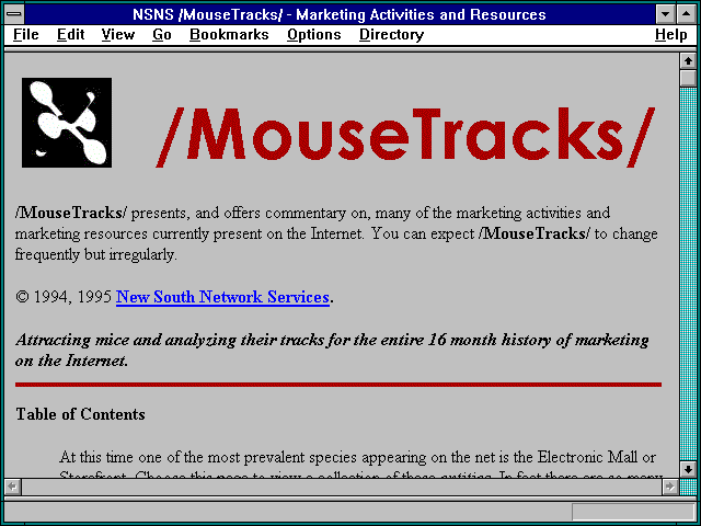 Screenshot of NSNS /MouseTracks/ - Marketing Activities and Resources