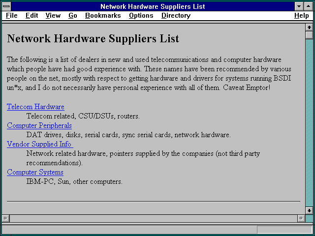 Screenshot of Network Hardware Suppliers List