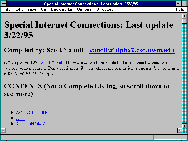 Screenshot of Special Internet Connections: Last update 4/24/95