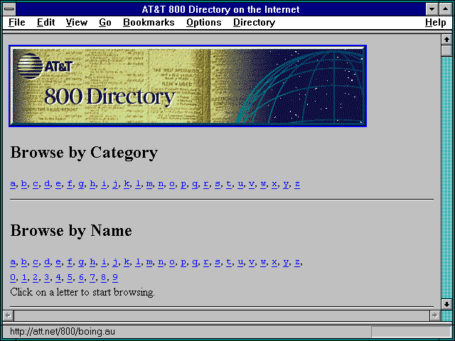Screenshot of AT&T 800 Directory on the Internet