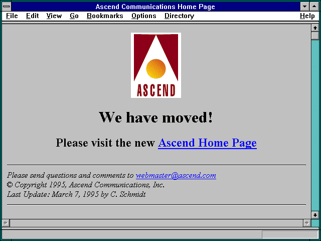 Screenshot of Ascend Communications Home Page