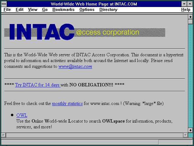 Screenshot of World-Wide Web Home Page at INTAC.COM