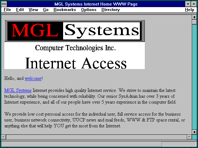 Screenshot of MGL Systems Internet Home WWW Page
