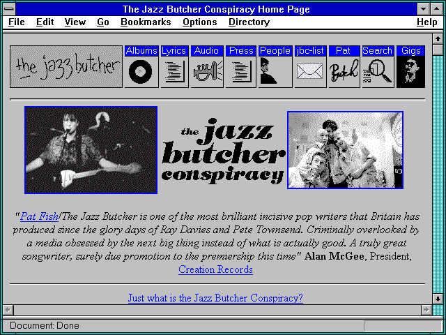 Screenshot of The Jazz Butcher Conspiracy Home Page