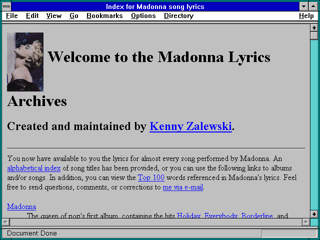 Screenshot of Index for Madonna song lyrics