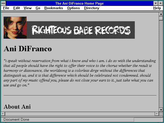 Screenshot of The Ani DiFranco Home Page