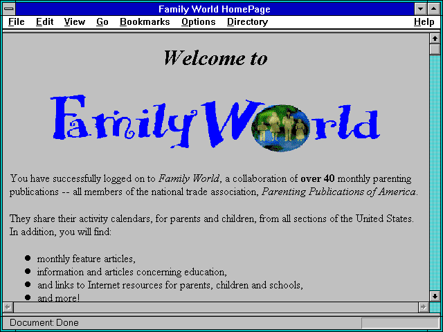 Screenshot of Family World Home page