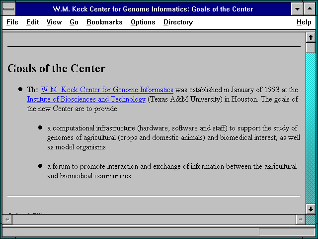 Screenshot of W.M. Keck Center for Genome Informatics: Goals of the Center