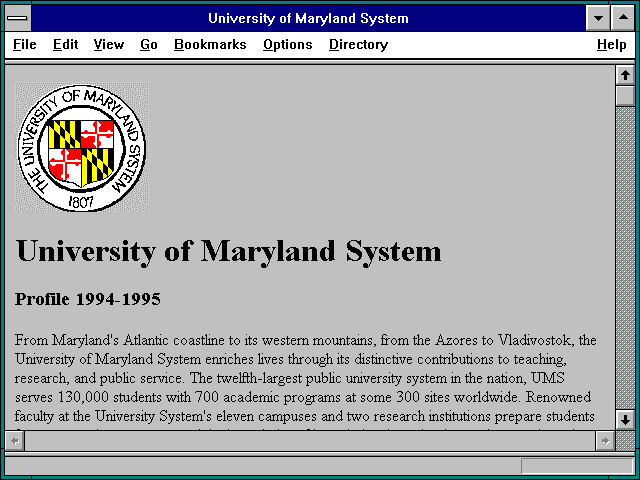 Screenshot of University of Maryland Home Page