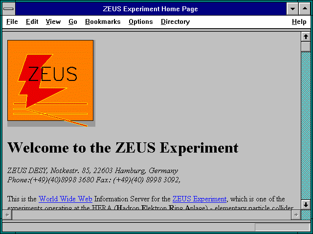 Screenshot of ZEUS Experiment Home Page