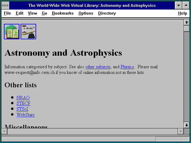 Screenshot of The WWW Virtual Library: Astronomy and Astrophysics