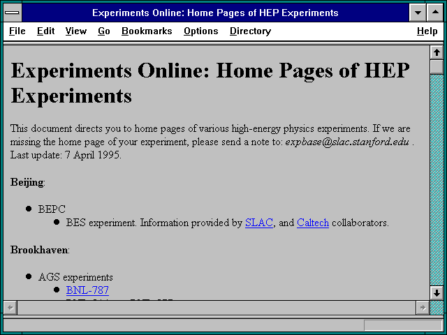 Screenshot of Experiments Online: Home Pages of HEP Experiments