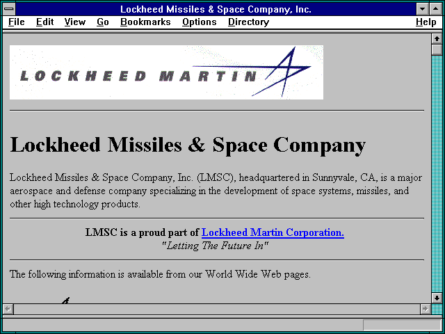 Screenshot of Lockheed Missiles & Space Company, Inc., Home Page