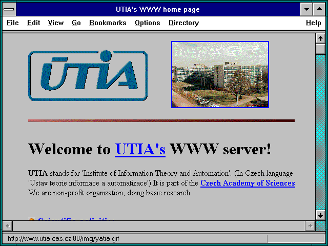 Screenshot of UTIA's WWW home page