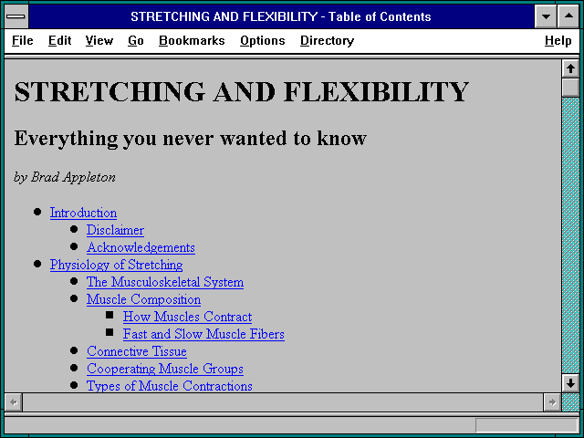 Screenshot of STRETCHING AND FLEXIBILITY - Table of Contents