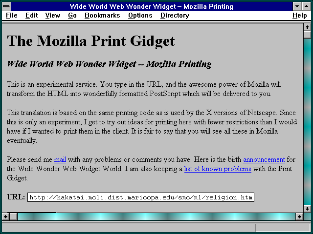 Screenshot of Wide World Web Wonder Widget -- Mozilla Printing