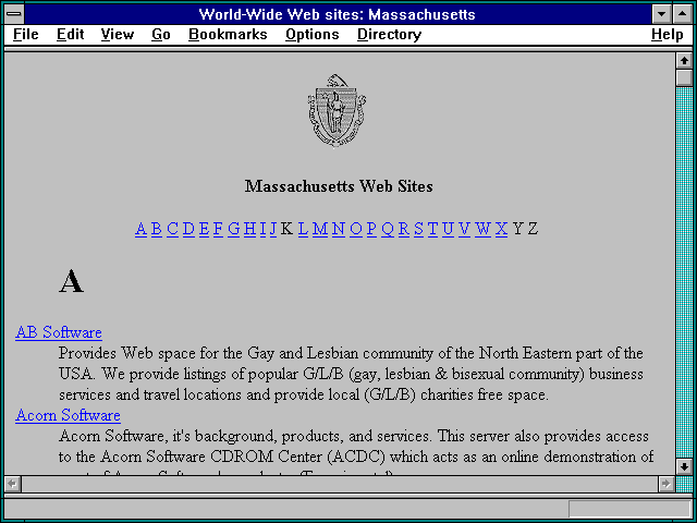 Screenshot of World-Wide Web sites: Massachusetts