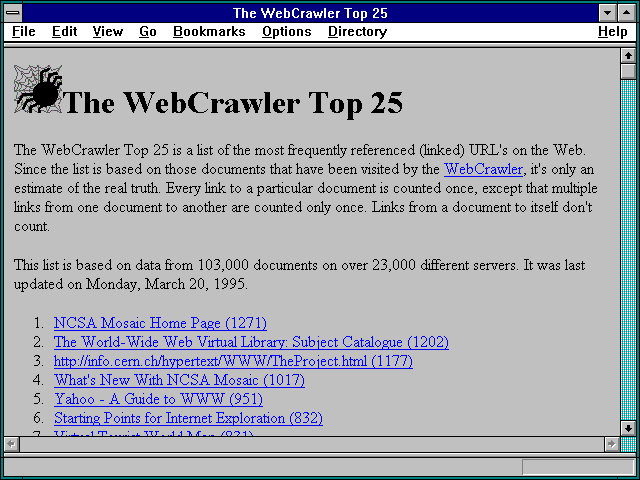 Screenshot of The WebCrawler Top 25